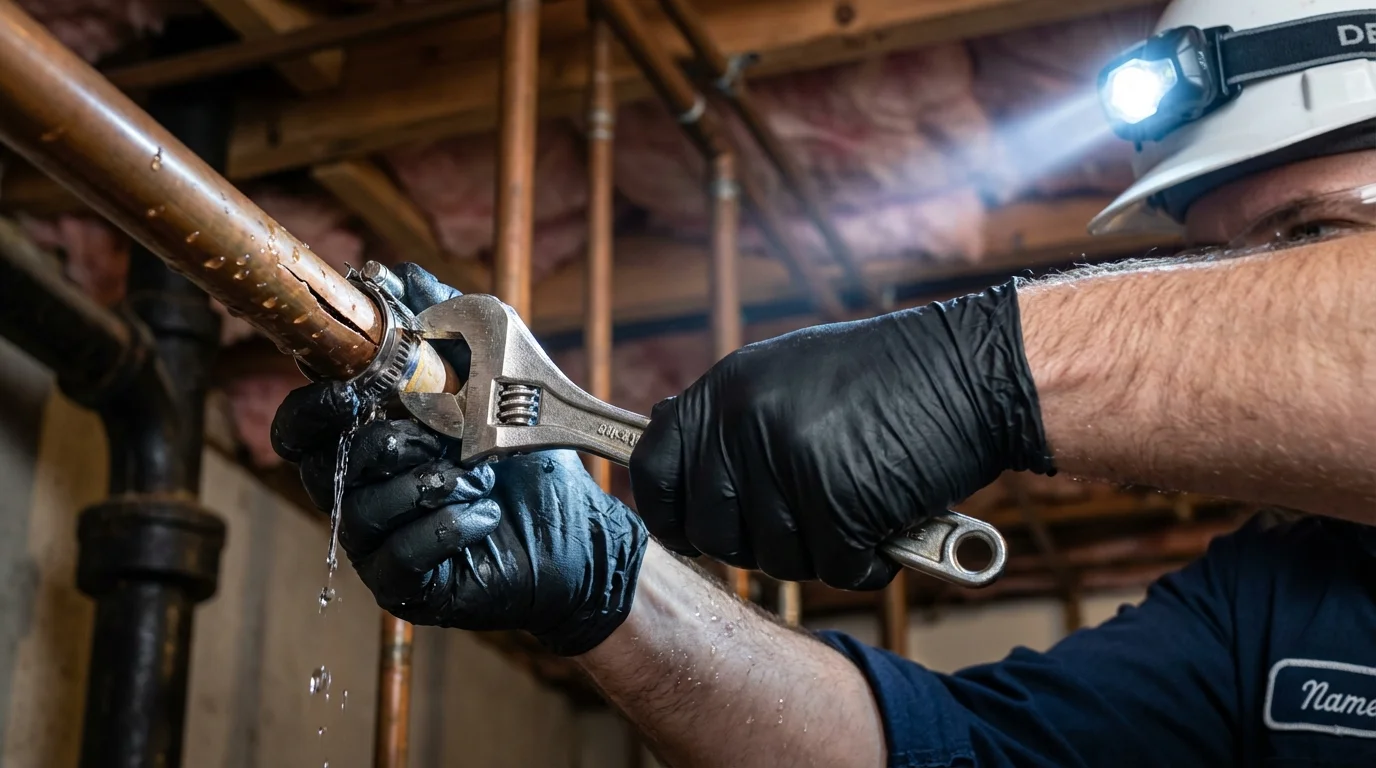 Emergency pipe clamp repair being performed by a Johns Plumbing LLC plumber in Palm Harbor