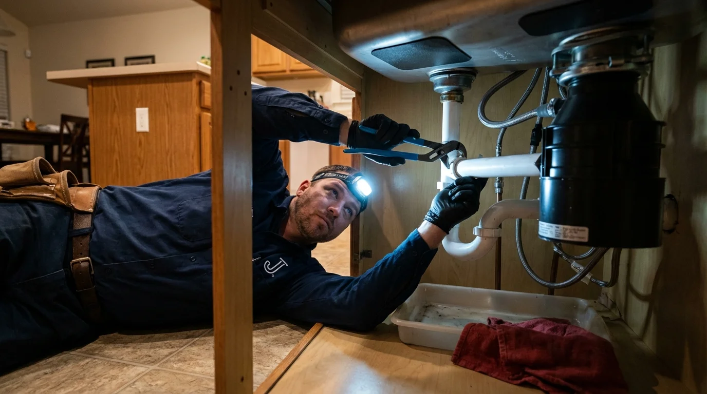 P-trap and supply line connections under a kitchen sink showing a common leak point in Palm Harbor, FL